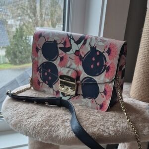 Furla Pink and Black Floral Crossbody Bag